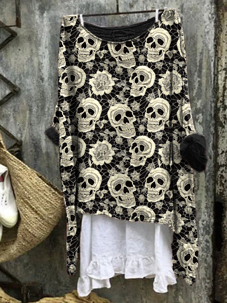 Women's Halloween Skull Pattern Linen Blend Vintage Shirt