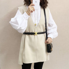 V-neck mid-length vest woolen vest