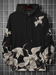 Japanese Art Crane Print Casual Hoodie