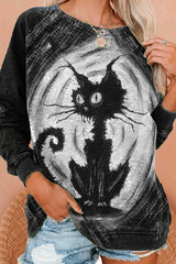 Casual Cat Print Long Sleeve Sweatshirt