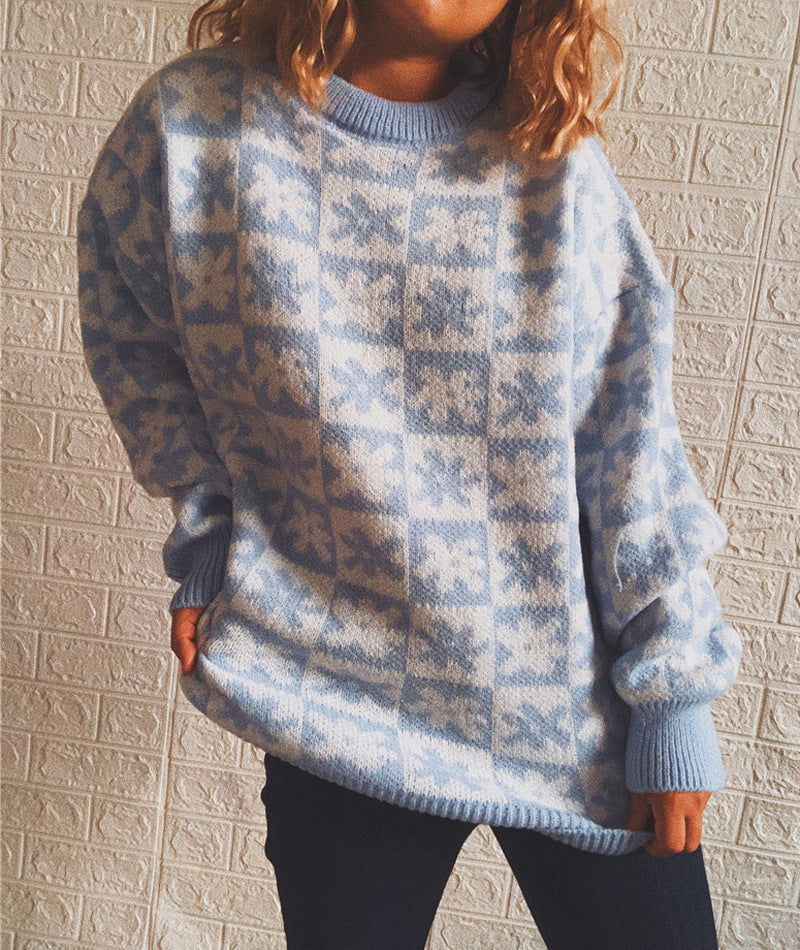 Casual Floral Plaid Round Collar Long Sleeve Loose Knit Sweater