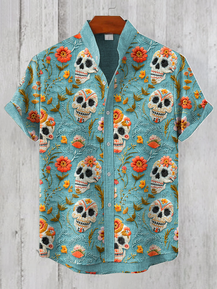 Men's Floral Skull Embroidery Pattern Linen Blend Shirt