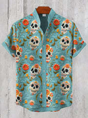 Men's Floral Skull Embroidery Pattern Linen Blend Shirt