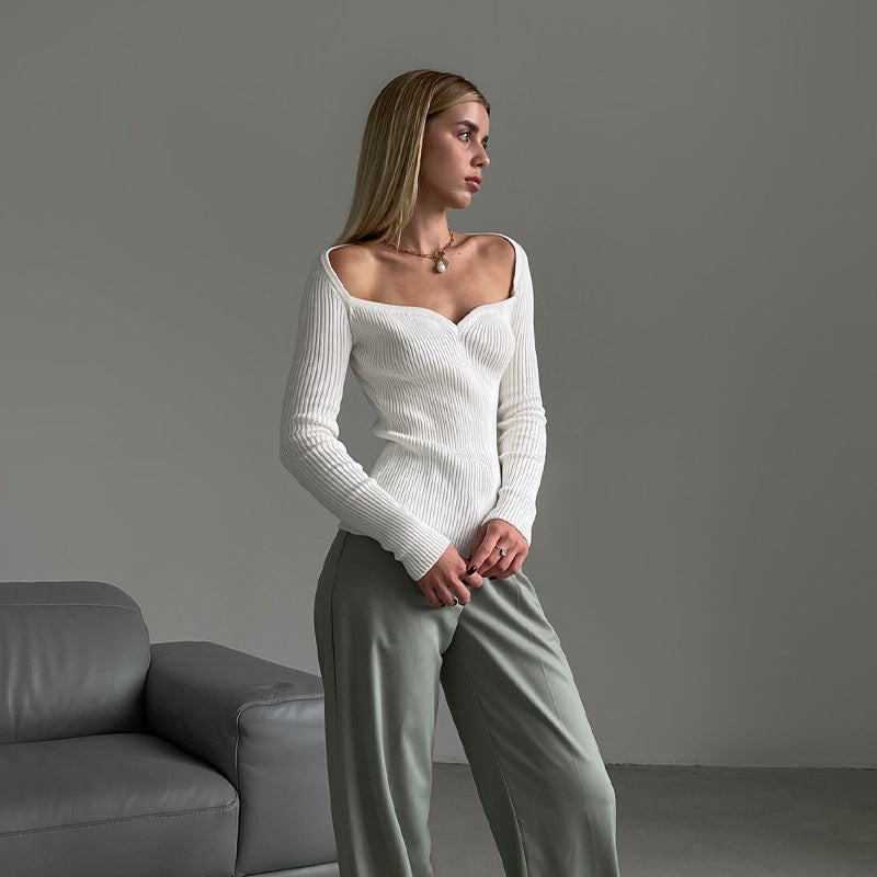 Square Neck Slim Knit Sweater with Long Sleeves Top
