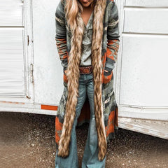 Western Style Retro Fur Collar Long Cardigan Jacket