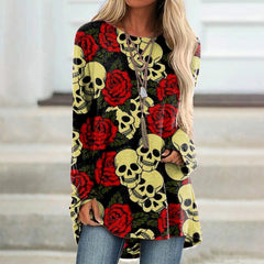 Rose Skull Print Long Sleeve Tunic
