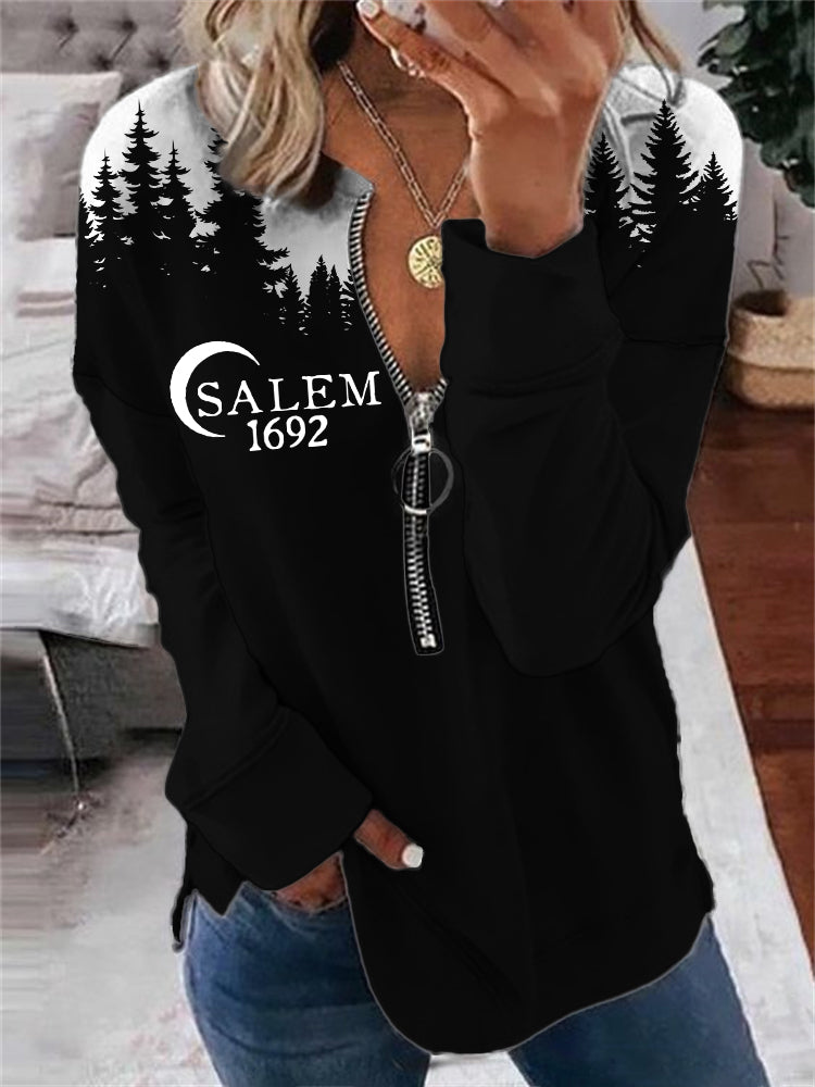 Salem 1692 Halloween Dark Forest Contrast Zip Up Sweatshirt