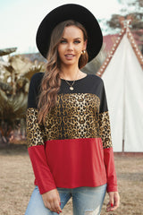 Women's Burgundy Black Colorblock Leopard Patchwork Long Sleeve Top