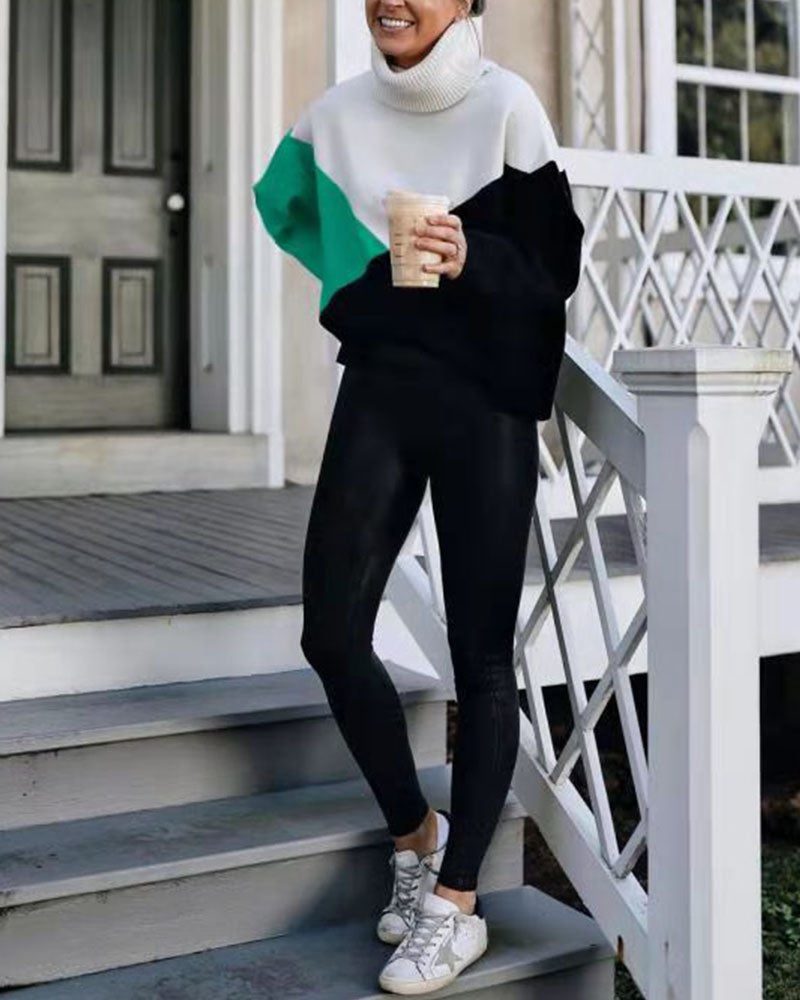Women's autumn and winter stitching plaid loose sweater