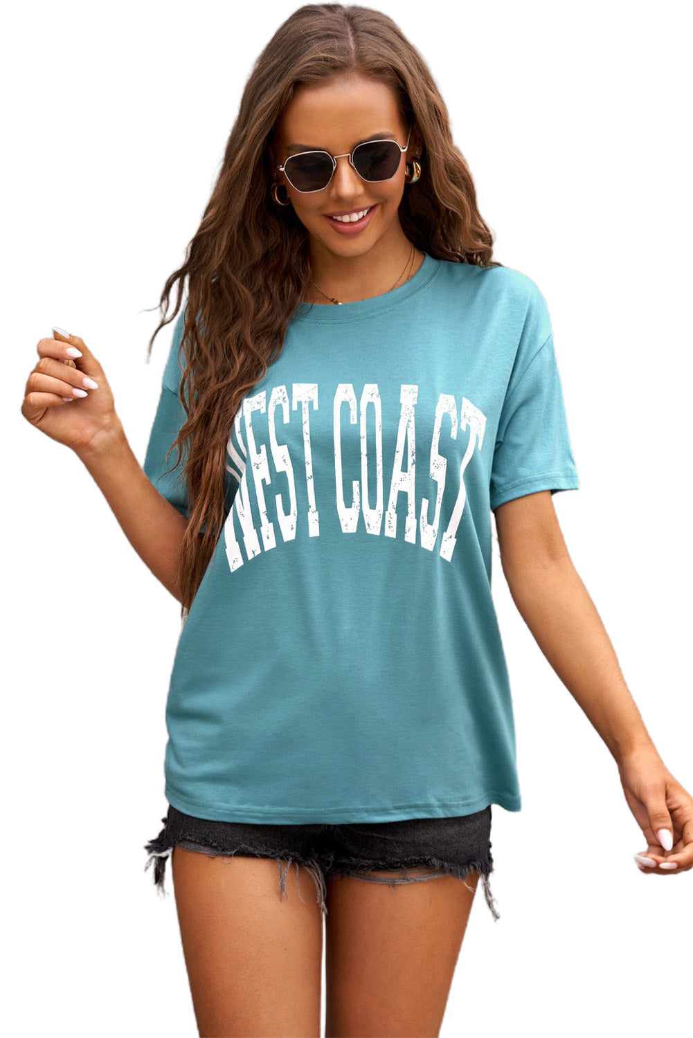 Women's Fashion Green WEST COAST Letters Graphic Oversize Tee