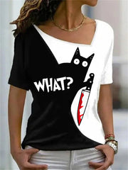 Cat With Bloody Knife Contrast Color T Shirt