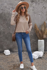 Women's Casual Khaki Color Block Raglan Long Sleeve Top