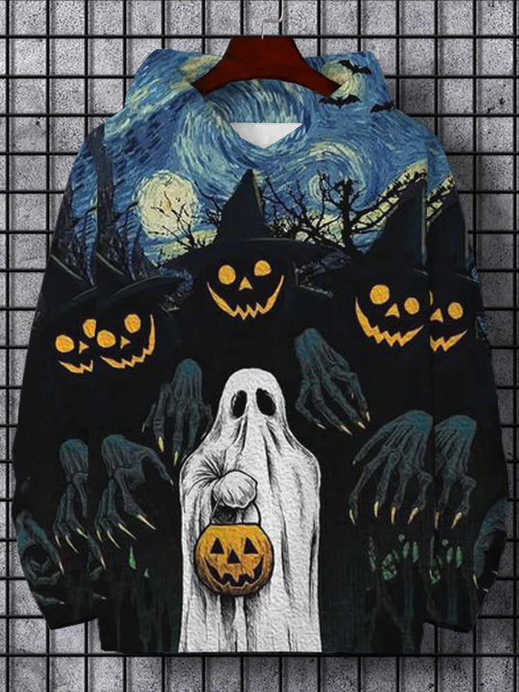 Men's Ghost Hold Pumpkin Starry Night Art Hoodie