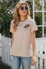 Women's Cute Short Sleeve Apricot Leopard Love Graphic Tee