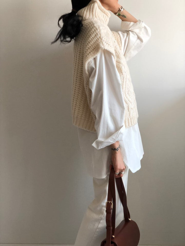 Vintage turtleneck hemp pattern loose knit sweater vest