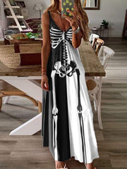 Women's Black And White Halloween Skull Print Casual Maxi Dress