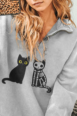 Skull Cat Print Zip Sweatshirt