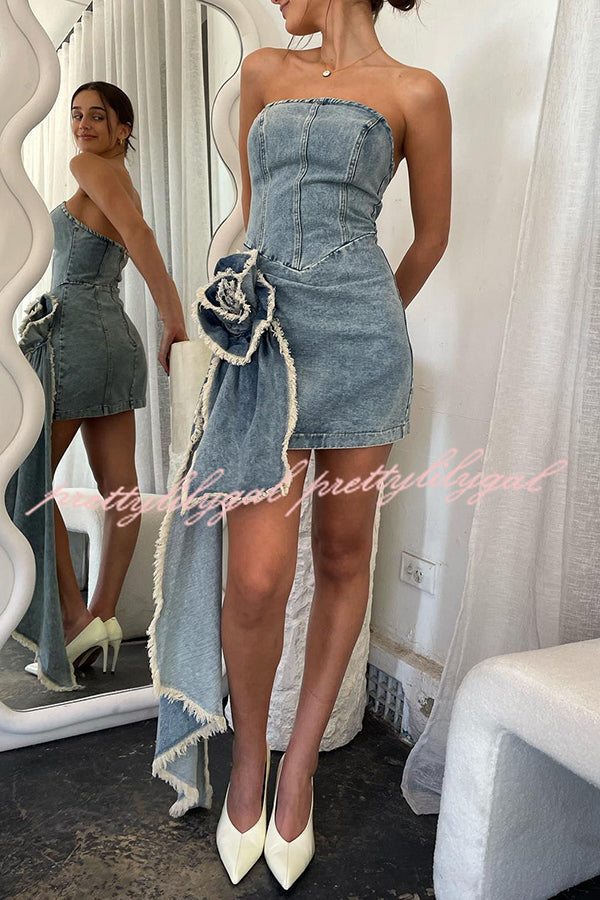 Giselle Washed Denim Floral Ruffle Pendant Strapless Stretch Mini Dress