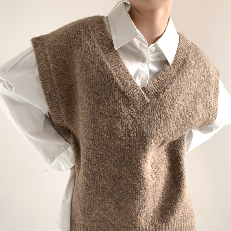 V-Neck Slit Belt Soft Waxy Sweater Jacket Vest