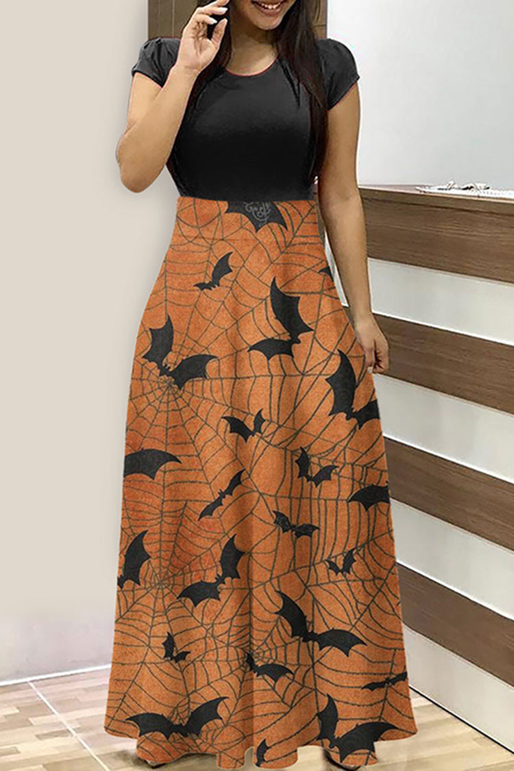 Crew Neck Halloween Bat Print  Maxi Dress
