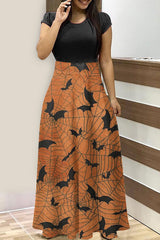 Crew Neck Halloween Bat Print  Maxi Dress