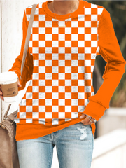Orange Plaid Checkerboard Round Neck Shift Casual Long Sleeve Top