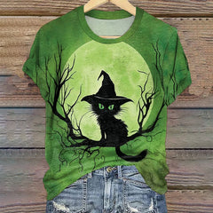 Women's Halloween Witch Cat Print Casual Tee