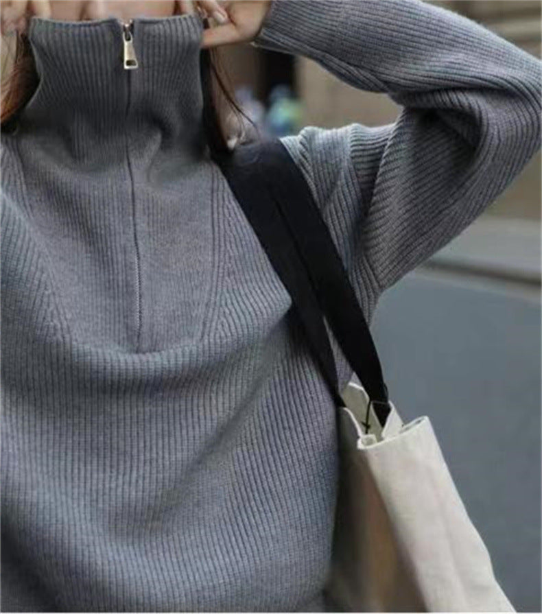 Two Wear Half Zip Large Lapel Soft Waxy Sweater