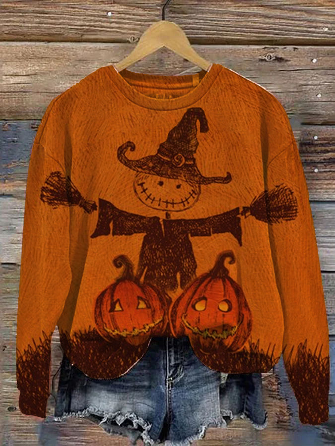 Halloween Scary Pumpkin Scarecrow Print Sweatshirt