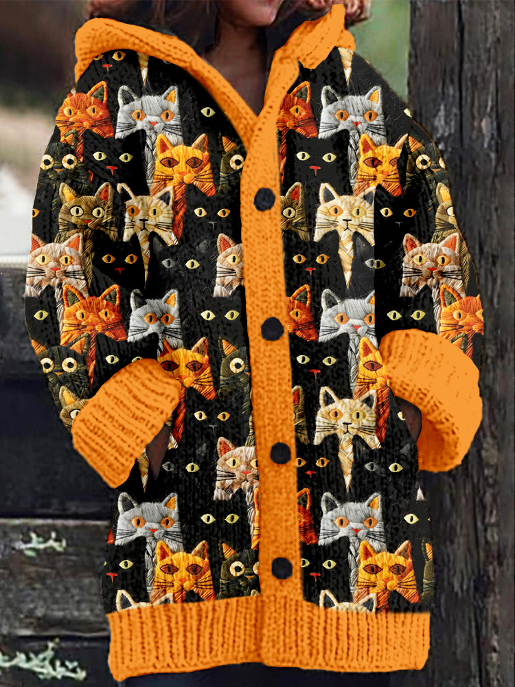 Cute Halloween Embroidered Cat Cozy Hooded Cardigan