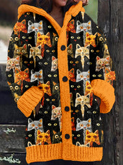 Cute Halloween Embroidered Cat Cozy Hooded Cardigan