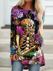 Floral Skull Print Long Sleeve Tunic