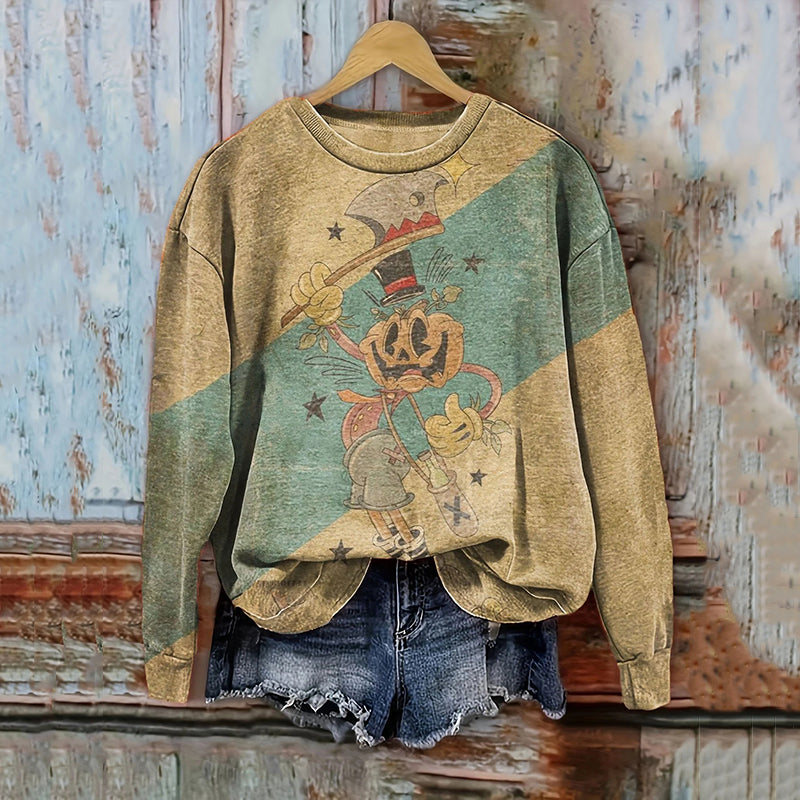 Retro Pumpkin Man Print Casual Sweatshirt