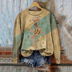 Retro Pumpkin Man Print Casual Sweatshirt