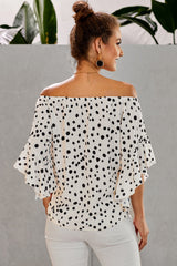 Women's White Polka Dot 3/4 Bell Sleeve Front Tie Knot Off Shoulder Top