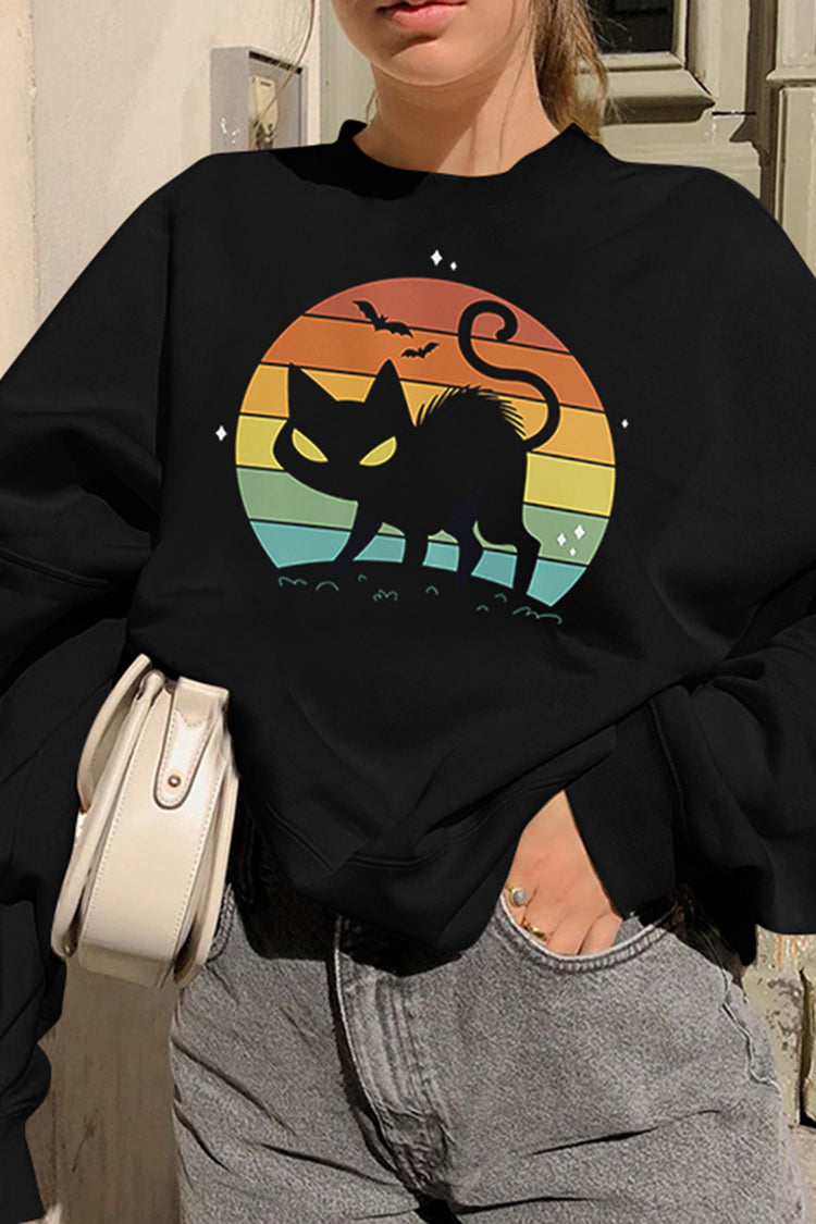 Bat Cat Print Long Sleeve Sweatshirt