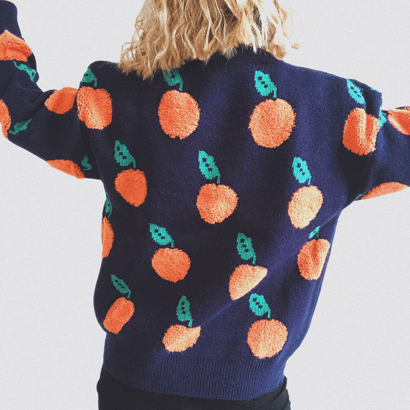 Orange Jacquard Casual Round Neck Sweater
