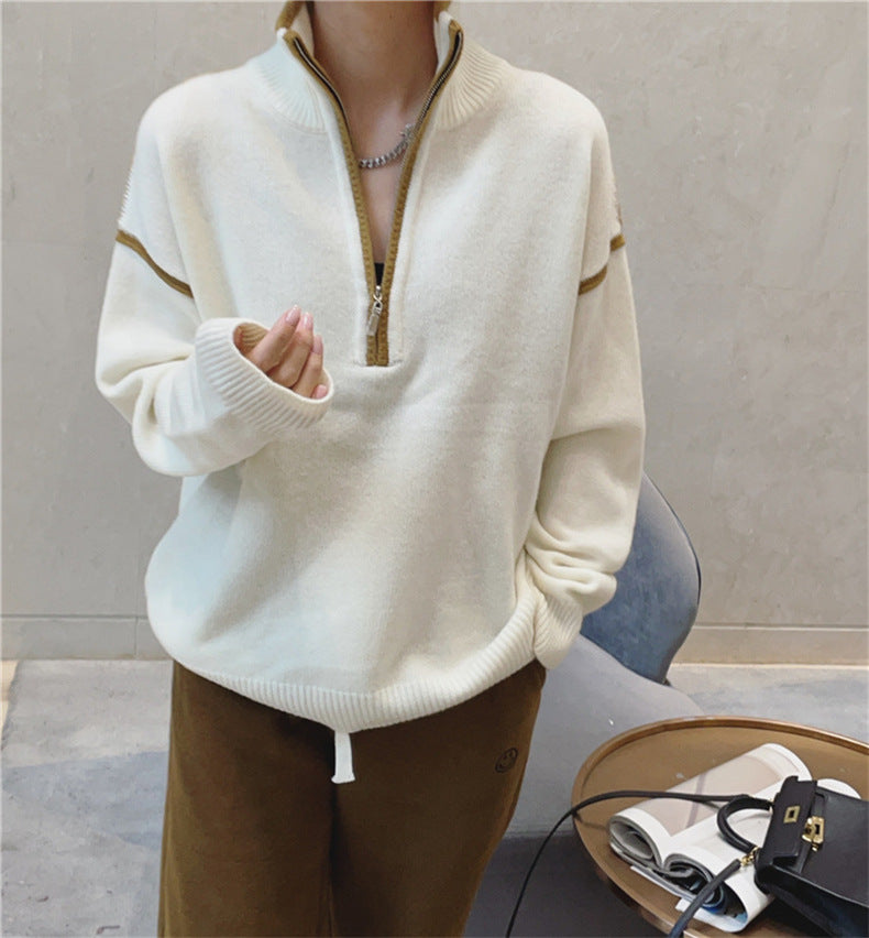 Stand Collar Zip Colorblock Loose Fashion Sweater