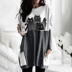 Contrast Panel Cat Print Long Sleeve Casual Tunic