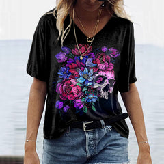 Gradient Floral Skull Print Short Sleeve T-Shirt