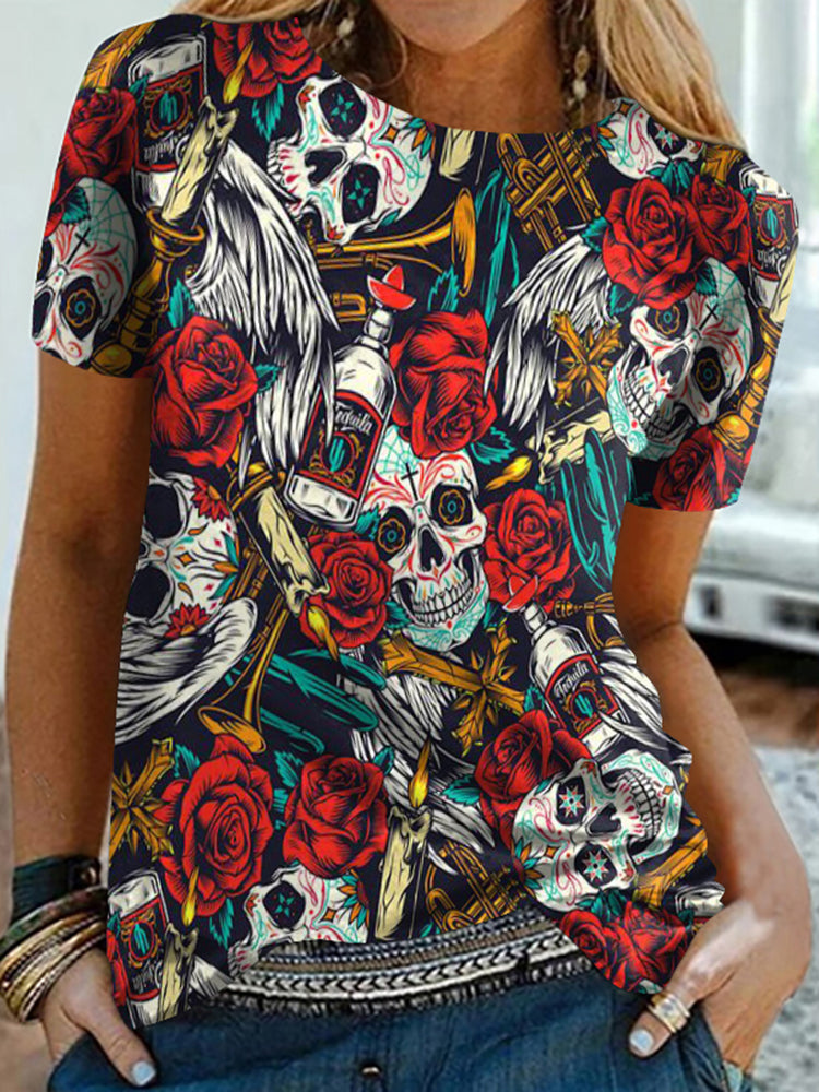 Skull Rose Print Short Sleeve T-Shirt