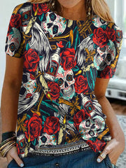 Skull Rose Print Short Sleeve T-Shirt