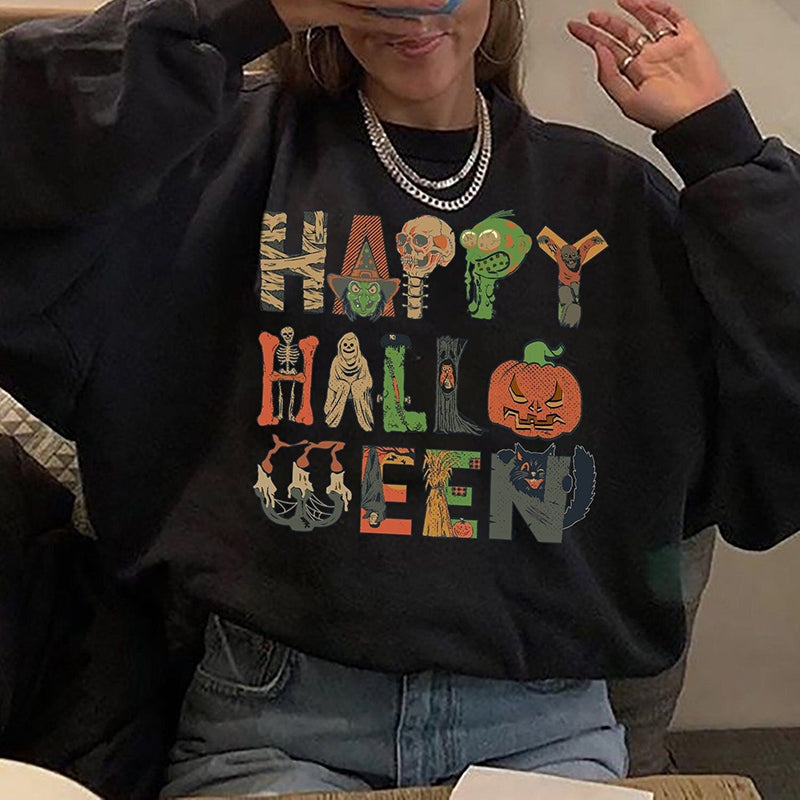 Happy Halloween Print Crew Neck Casual Sweatshirt