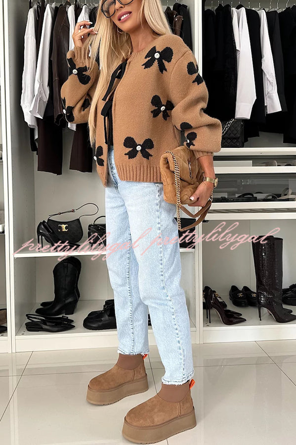 Vernie Knit Jewelry Pendant Bow Pattern Front Tie-up Long Sleeve Loose Cardigan