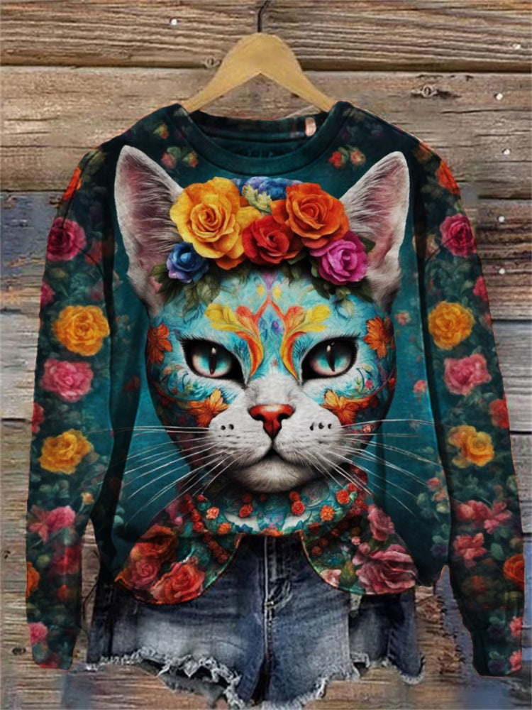 Day of the Dead Sugar Skull Cat Art Sweatshirt