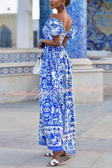 Enjoy The Adventure Printed Off Shoulder Puff Sleeve Maxi Dress