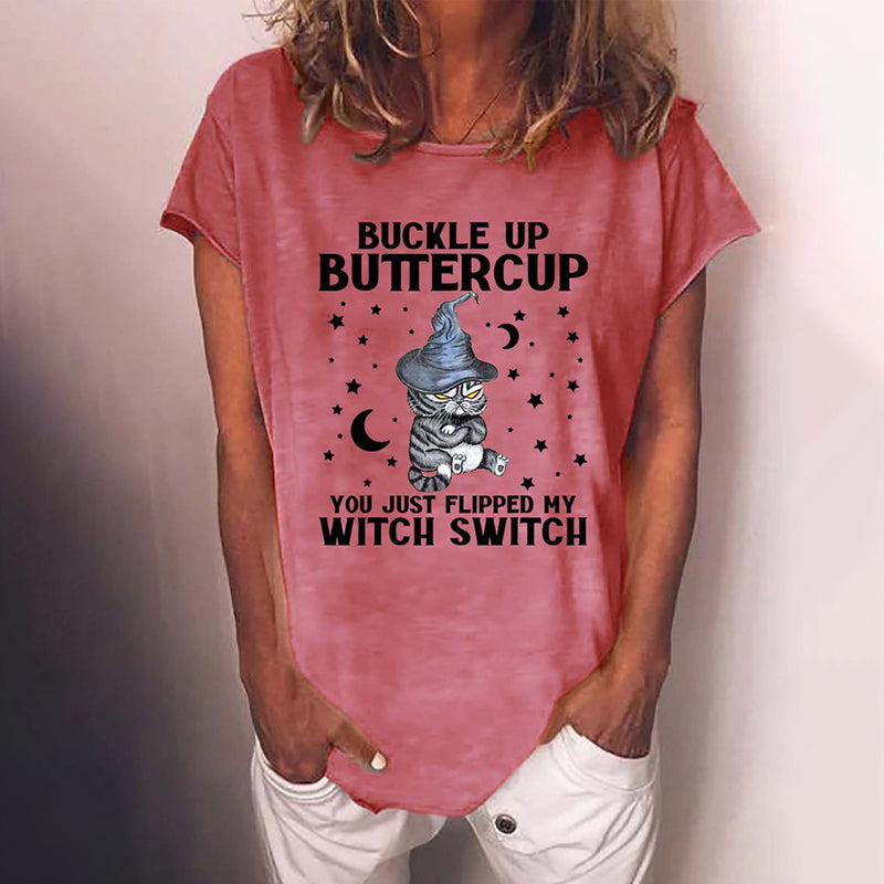 Halloween Cat Print Short Sleeve Casual T-Shirt