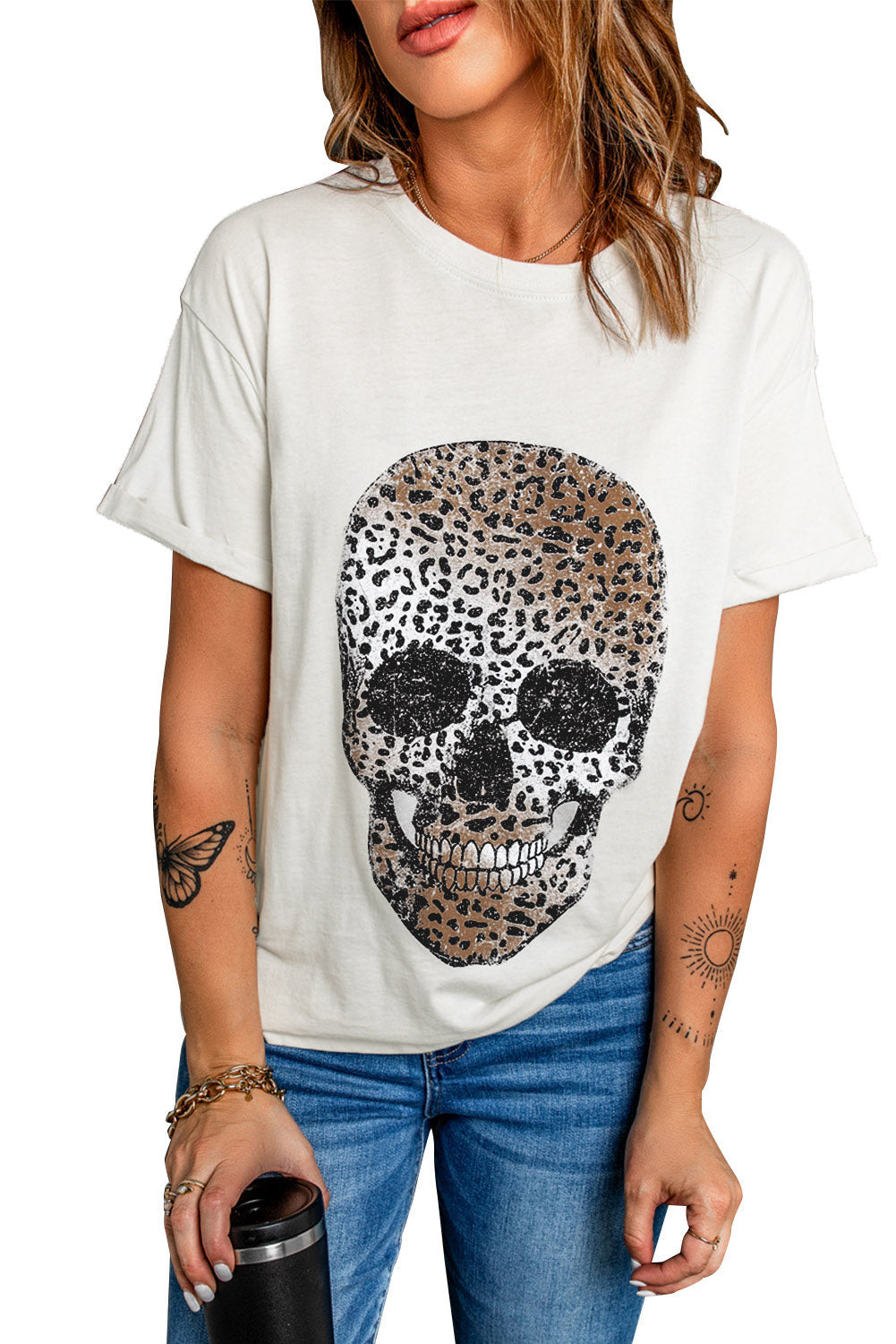 Women's Leopard Skull Graphic White T Shirt