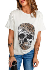 Women's Leopard Skull Graphic White T Shirt