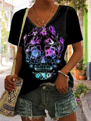 Floral Gradient Skull Print Short Sleeve T-Shirt